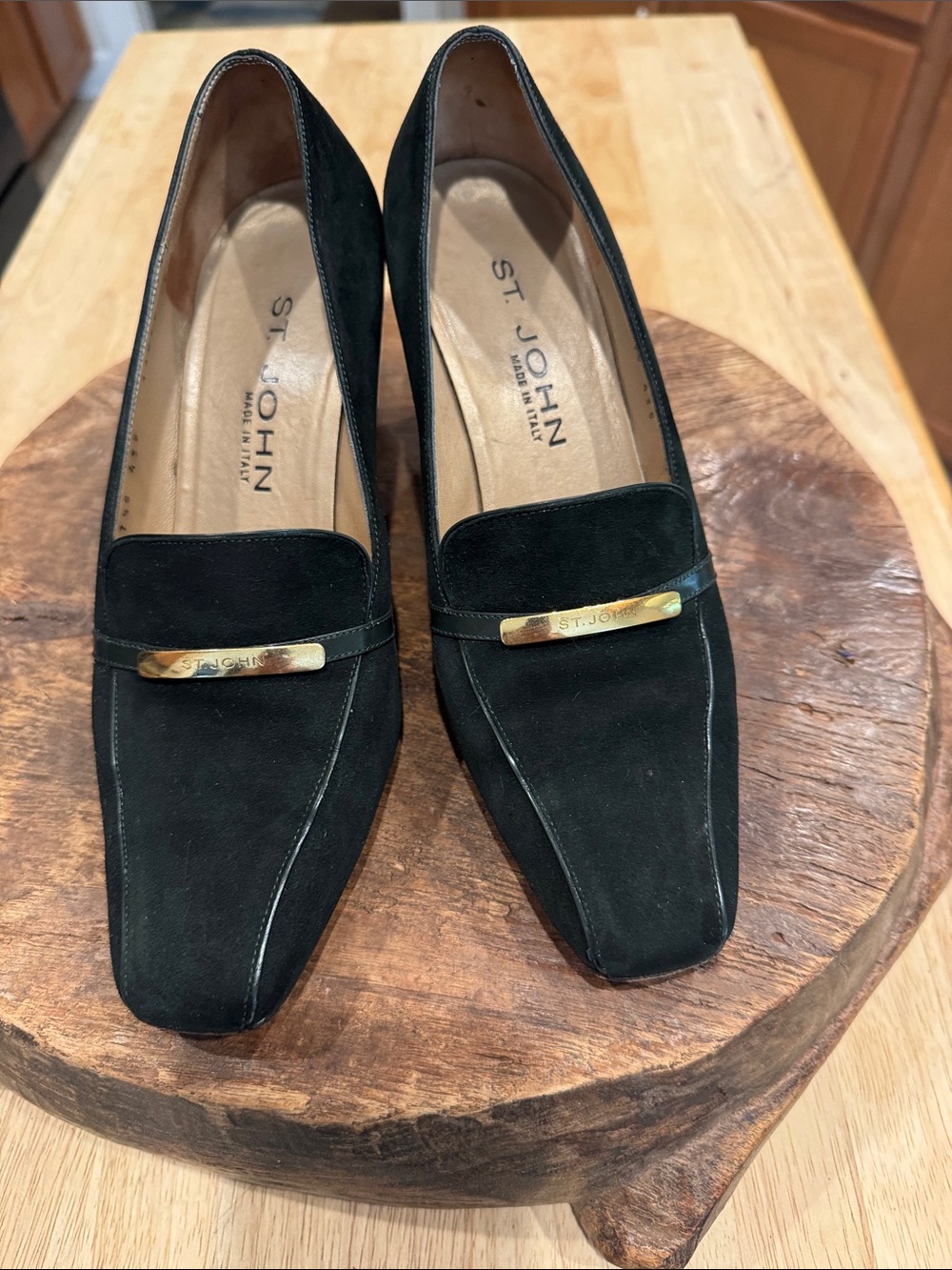 Vintage St. John, black suede square-toe pumps size 7.5